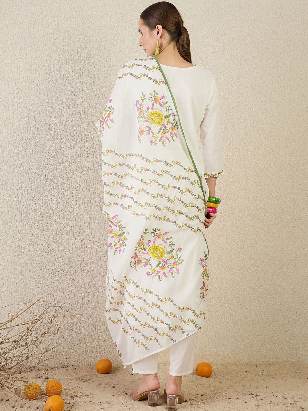 Floral Printed V-Neck Pure Cotton Straight Kurta With Trouser & Dupatta