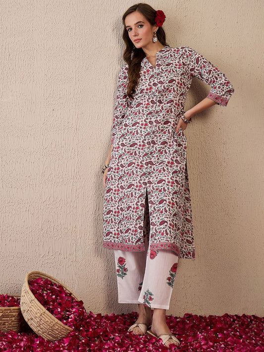 Dhiyona IE Women Ethnic Motifs Printed Regular Pure Cotton Kurta with Trousers