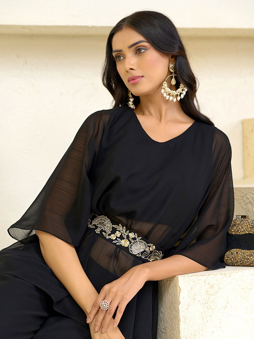 Dhiyona CH Floral Embroidered V-Neck Zari Georgette Kaftan Kurta With Palazzos