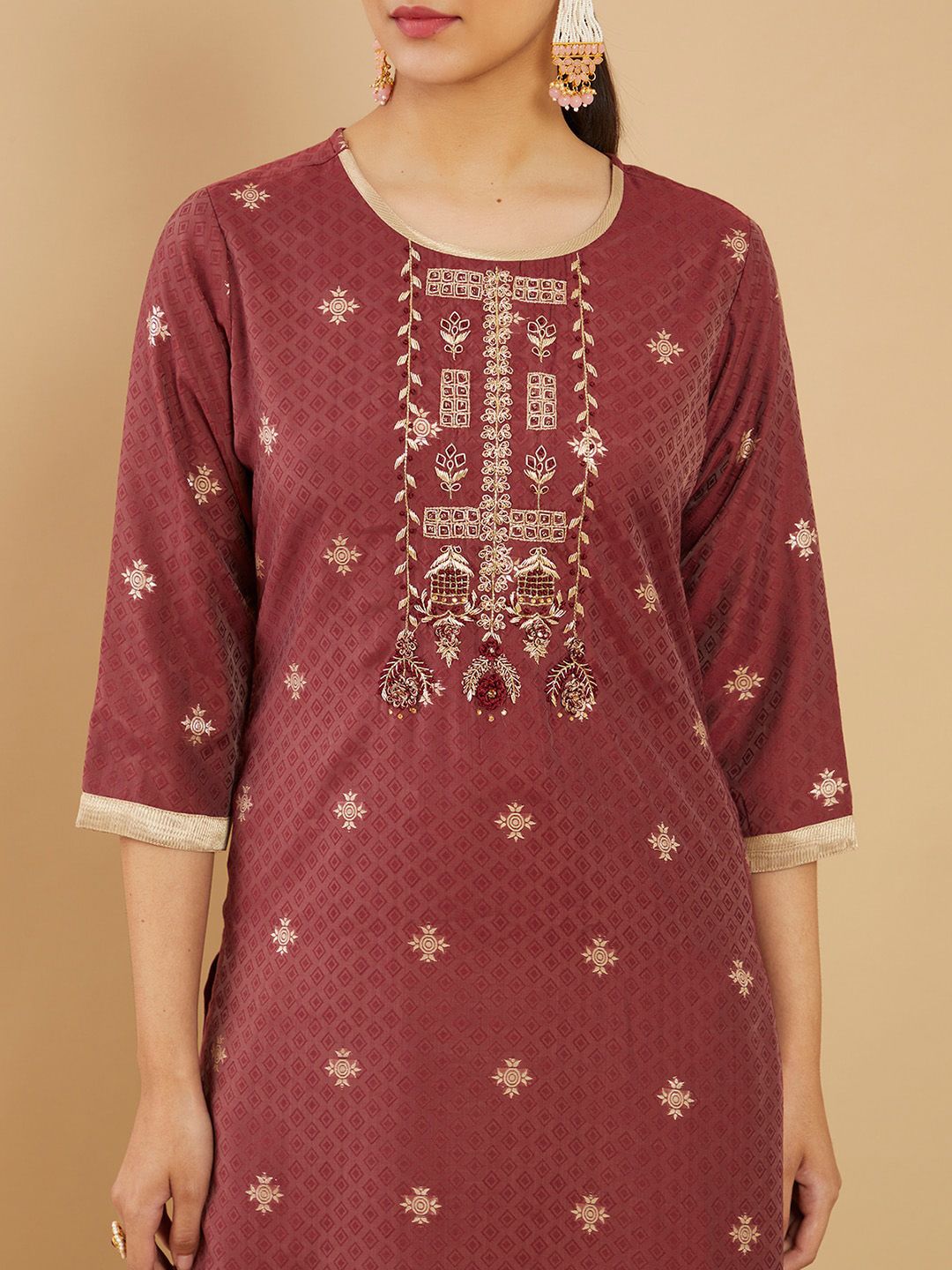 Dhiyona SO Women's Women Maroon Ethnic Motifs Printed Thread Work Kurta with Trousers