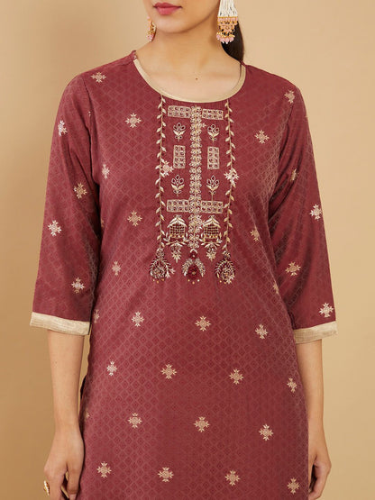 Dhiyona SO Women's Women Maroon Ethnic Motifs Printed Thread Work Kurta with Trousers