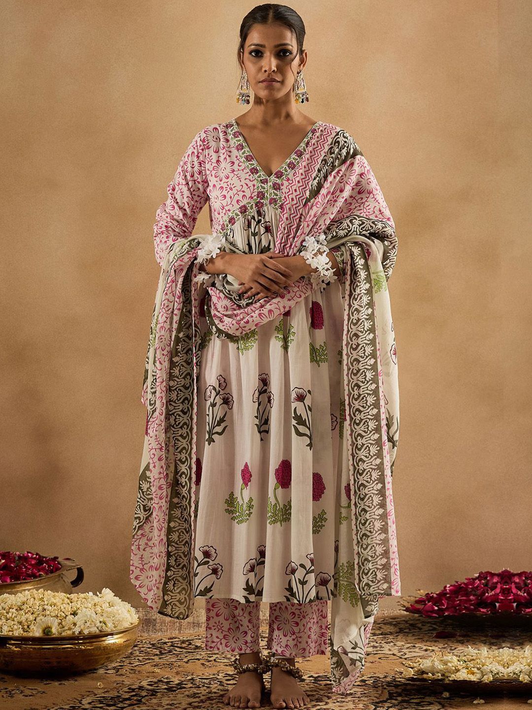 Floral Printed V-Neck Cotton Empire Anarkali Kurta With Trousers & Dupatta