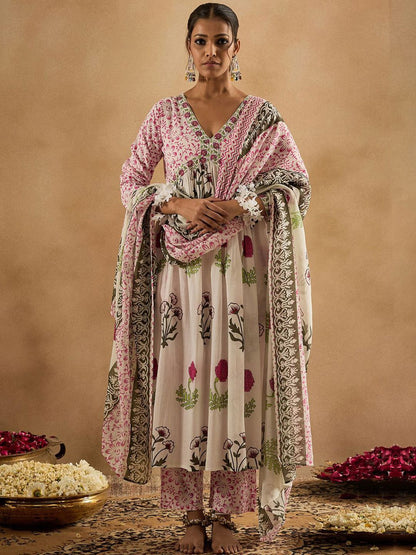 Floral Printed V-Neck Cotton Empire Anarkali Kurta With Trousers & Dupatta