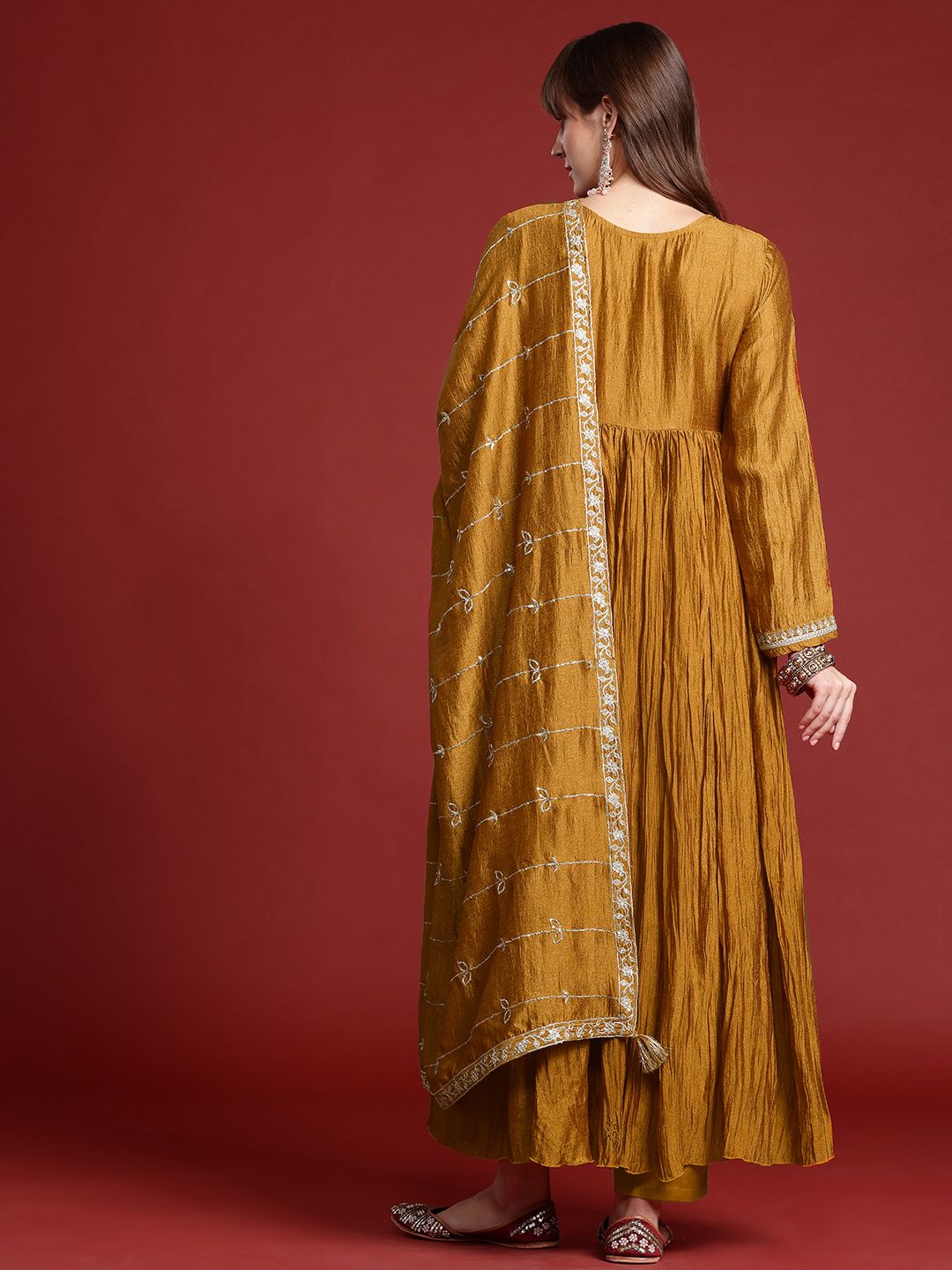 Floral Embroidered Pleated Zari Kurta With Trousers & Dupatta