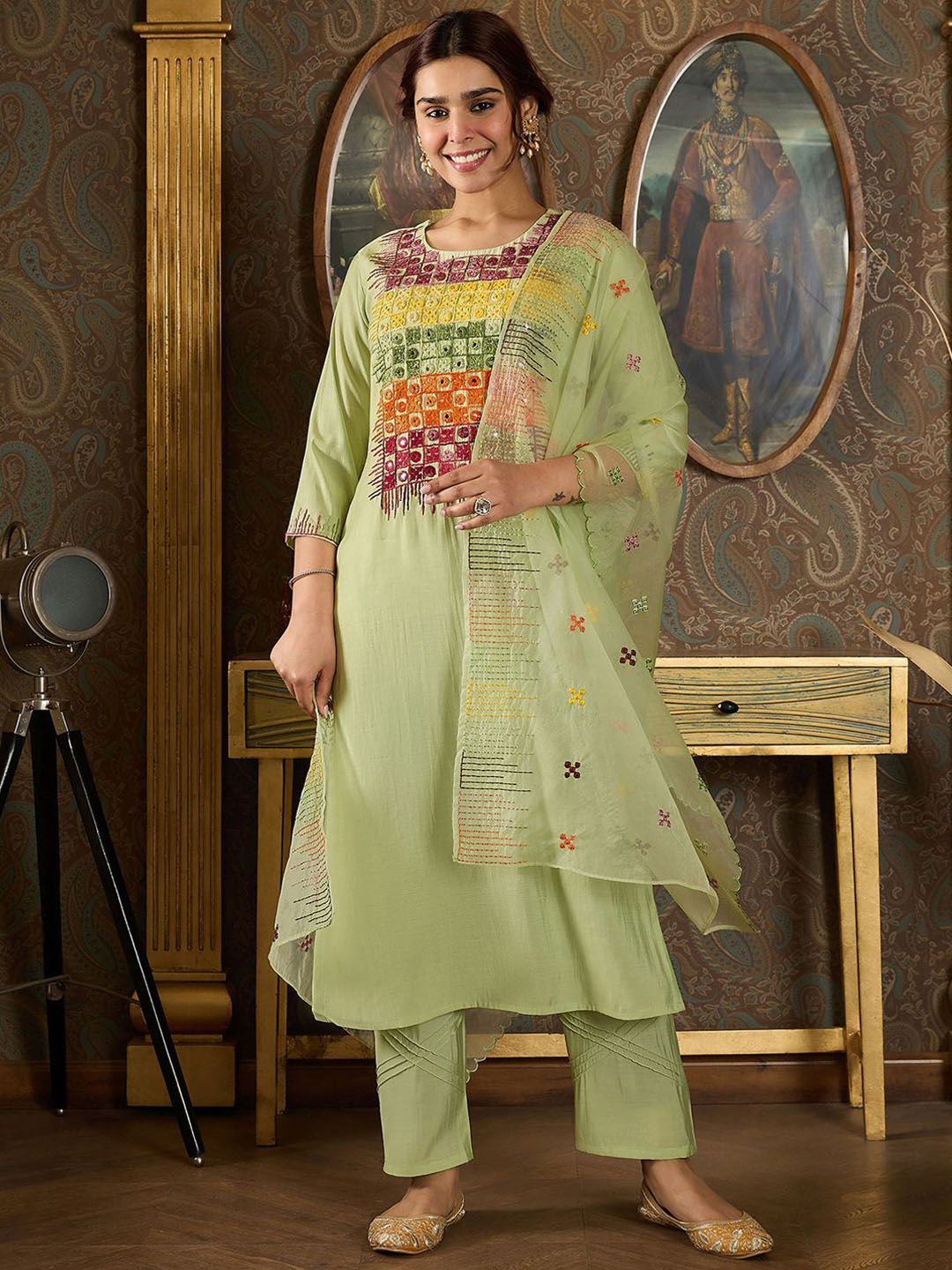 Dhiyona IE Floral Embroidered Mirror Work Straight Kurta With Trousers & Dupatta