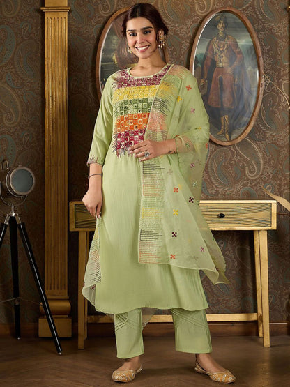 Dhiyona IE Floral Embroidered Mirror Work Straight Kurta With Trousers & Dupatta