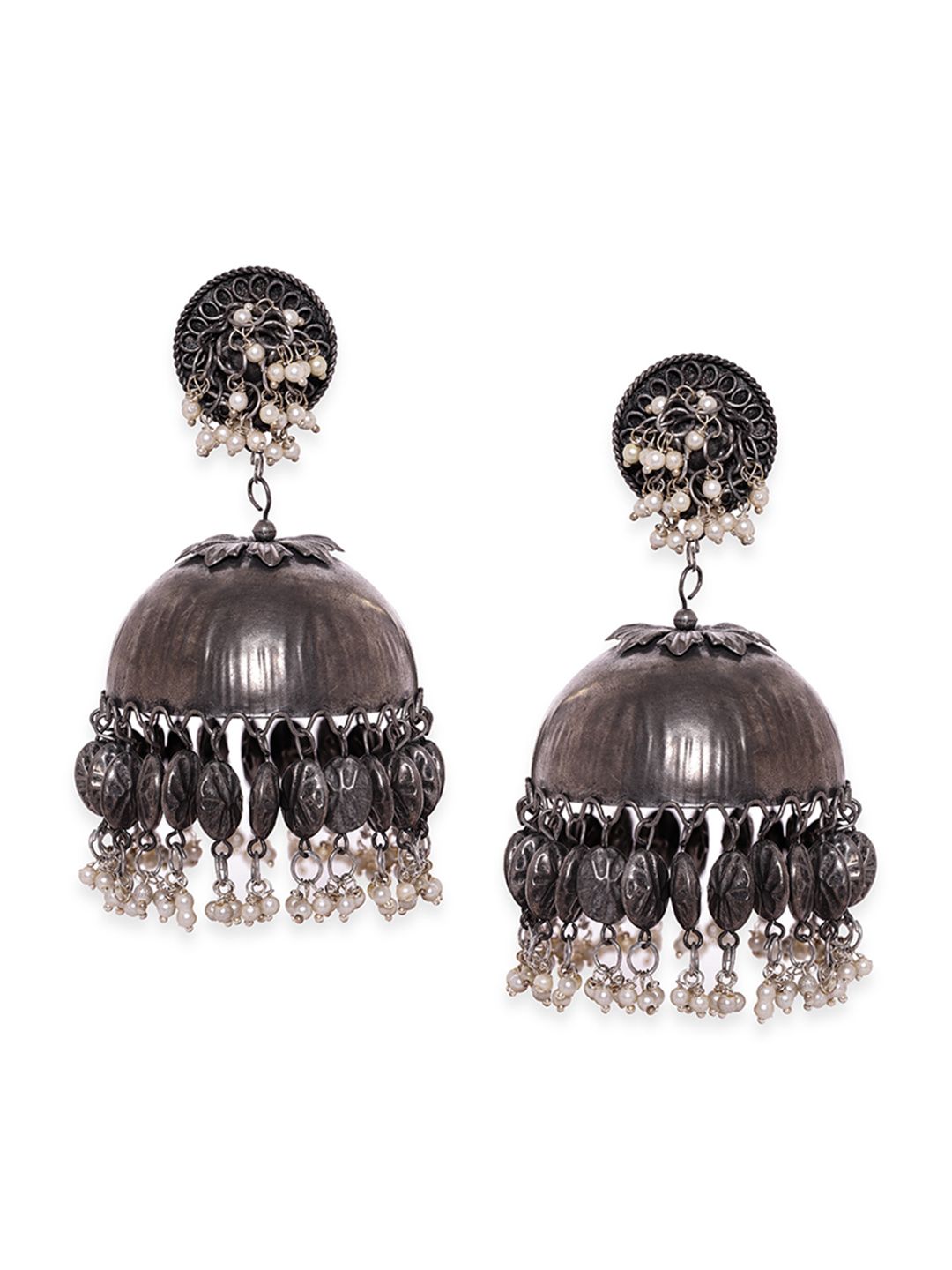 Dhiyona RJ Women's Oxidised Silver-Plated Antique Black & White Pearl Beaded Dome-Shaped Big Jhumkas