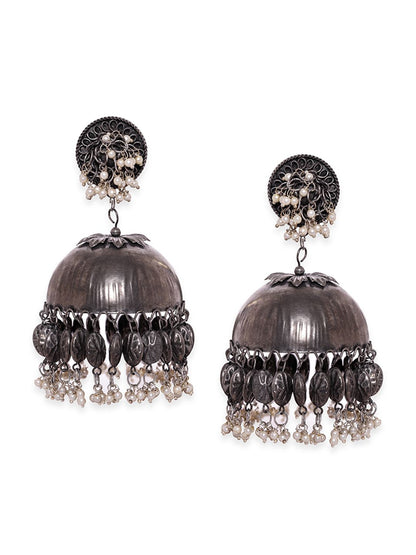 Dhiyona RJ Women's Oxidised Silver-Plated Antique Black & White Pearl Beaded Dome-Shaped Big Jhumkas