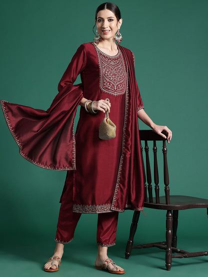 Dhiyona IE Ethnic Motifs Yoke Design Sequinned Kurta with Trousers & Dupatta