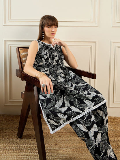 Floral Printed Notch Neck Pure Cotton A-Line Kurta With Trouser