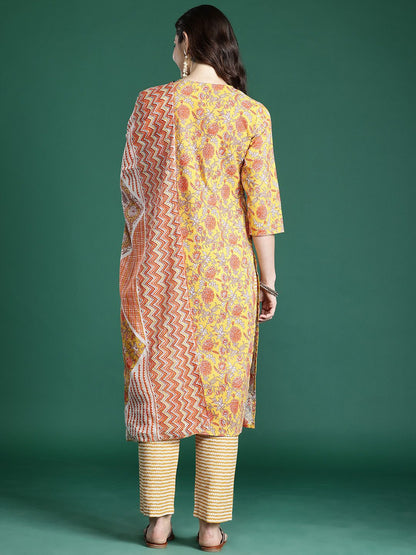 Floral Printed Pure Cotton Kurta with Trousers & With Dupatta