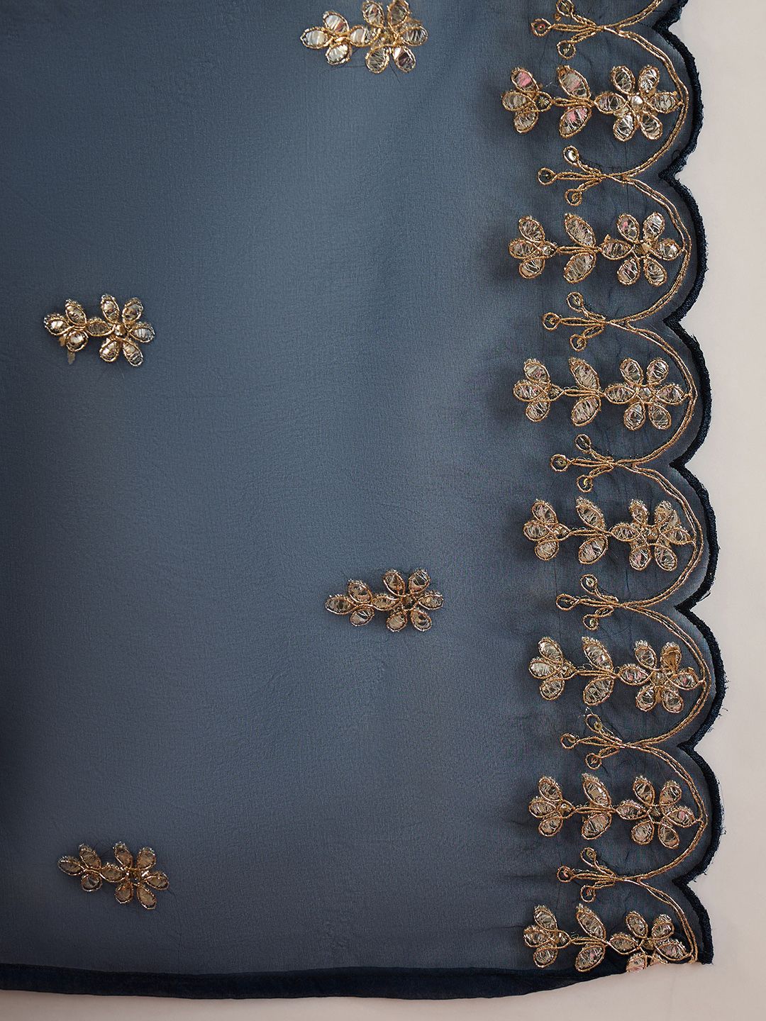 Dhiyona IE Notched Neck Ethnic Motifs Embroidered Gotta Patti Kurta with Trouser & Dupatta