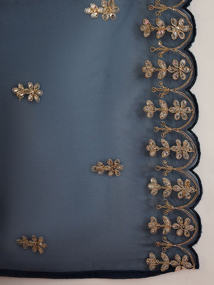 Dhiyona IE Notched Neck Ethnic Motifs Embroidered Gotta Patti Kurta with Trouser & Dupatta