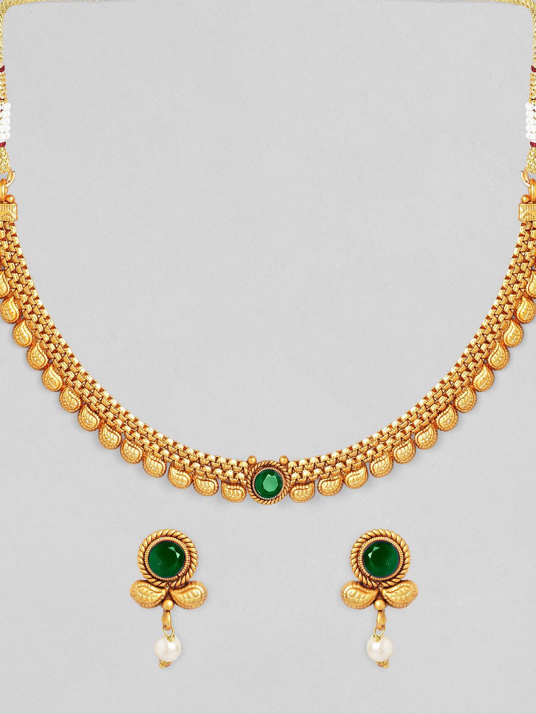 Dhiyona RJ Women's 22K Gold-Plated Dark Emerald Green Stone & Pearl Beaded Traditional Necklace Set