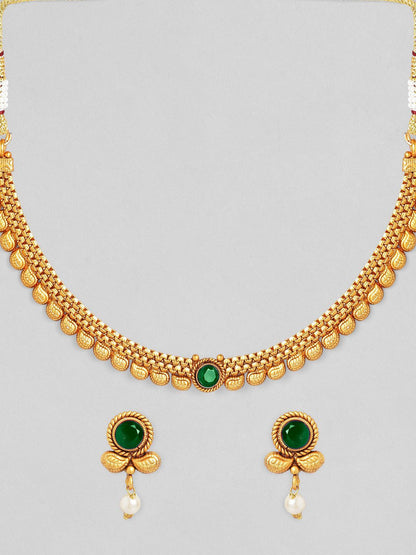 Dhiyona RJ Women's 22K Gold-Plated Dark Emerald Green Stone & Pearl Beaded Traditional Necklace Set