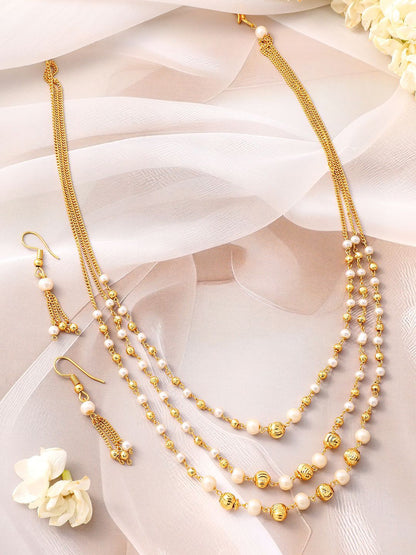 Dhiyona RJ Women's 18K Gold-Plated Multilayer Pearl Beaded Necklace Set with Matching Earrings