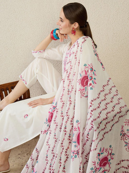 Women Floral Embroidered Regular Pure Cotton Kurta with Trousers & Dupatta