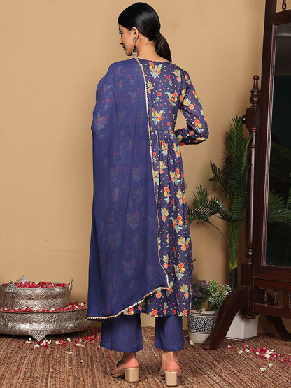 Dhiyona VA Women'sViolet Floral Printed Empire Sequinned Cotton A-Line Kurta With Trousers & Dupatta