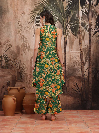 Dhiyona SN Women's Floral Print Pleated Sequinned Kurta with Palazzos