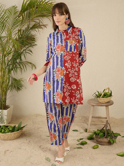 Dhiyona IE Floral Printed Shirt Collar Pure Cotton Straight Kurti & Trousers