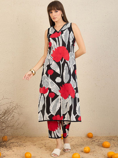Dhiyona IE Floral Printed Pure Cotton Straight Kurta With Trousers