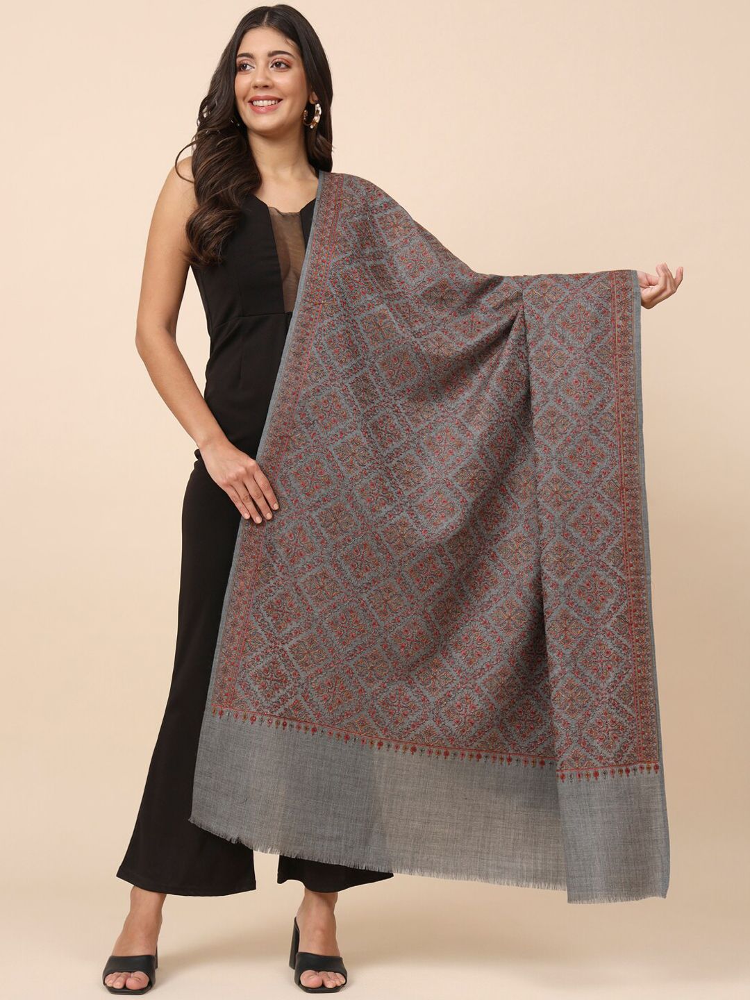 Dhiyona PA Ethnic Motifs Embroidered Pure Woolen Shawl