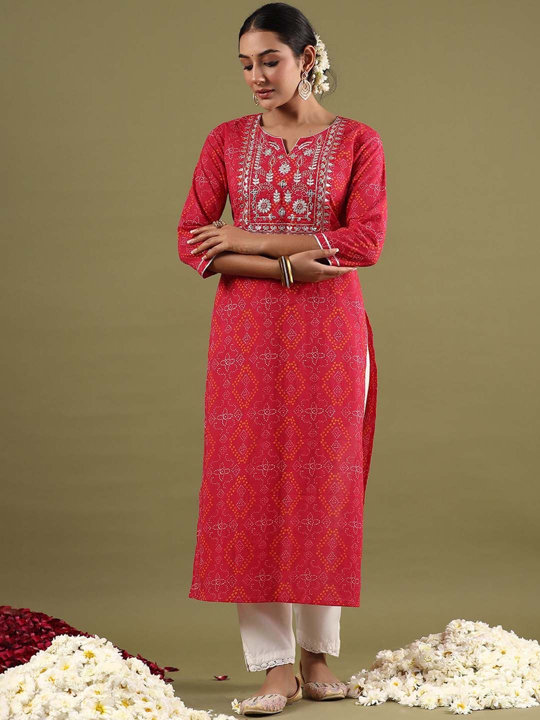 Dhiyona IE Women Floral Printed Notched Neck Thread Work Straight Cotton Kurta