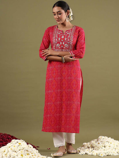 Dhiyona IE Women Floral Printed Notched Neck Thread Work Straight Cotton Kurta
