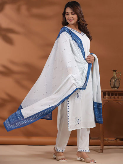 Dhiyona IE Women Ethnic Motifs Embroidered Regular Thread Work Pure Cotton Kurta with Trousers & With Dupatta