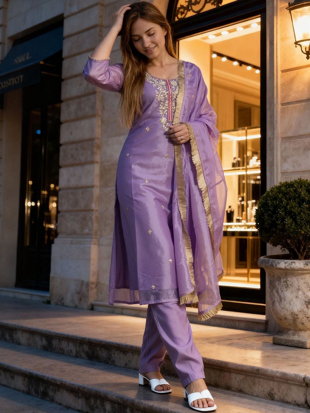 Women Ethnic Motifs Embroidered Sequinned Kurta With Trousers & Dupatta