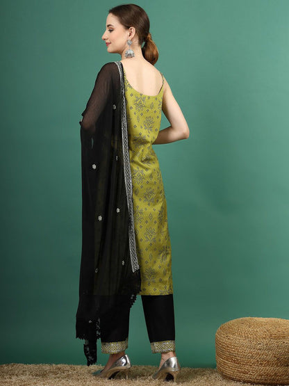 Dhiyona SN Women's Green Bandhani Embroidered Shoulder Straps Sequinned Kurta With Palazzo & Dupatta