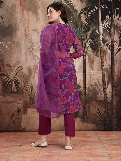 Dhiyona SN Women's Floral Print Angrakha Kurta with Trousers & Dupatta