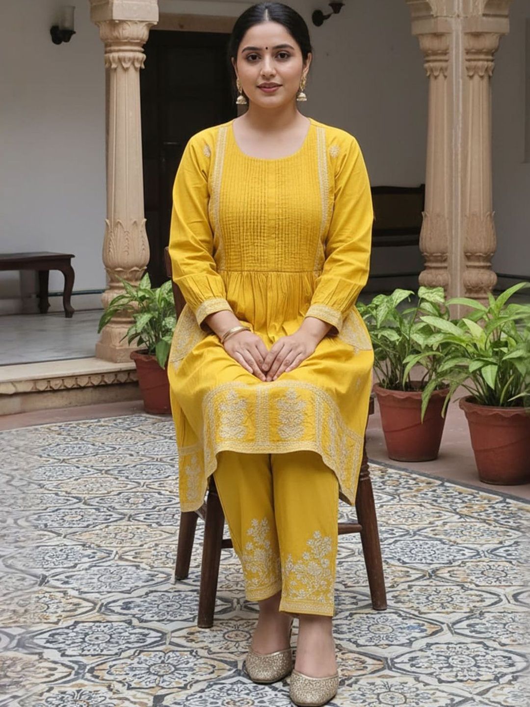 Women Ethnic Motifs Embroidered Panelled Thread Work Cotton Kurta with Trousers