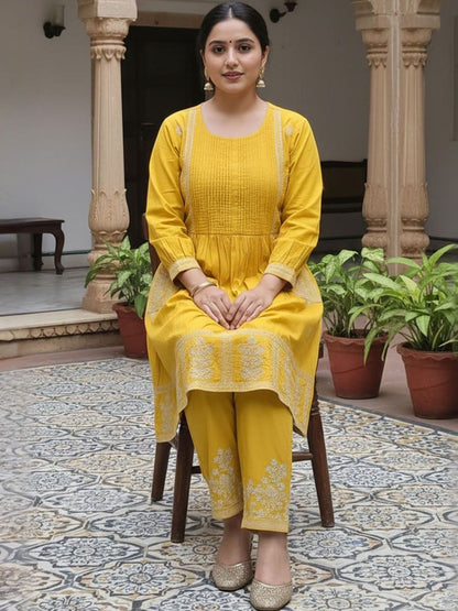 Women Ethnic Motifs Embroidered Panelled Thread Work Cotton Kurta with Trousers