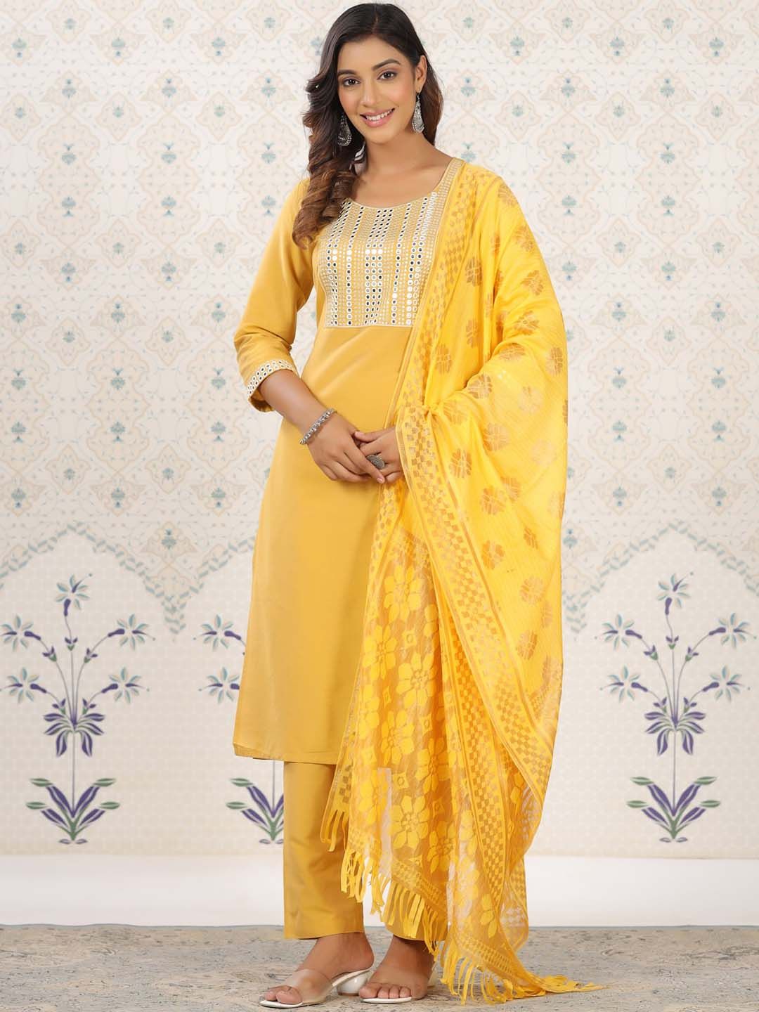 Dhiyona OD  Geometric Yoke Design Mirror Work Kurta with Trousers & Dupatta