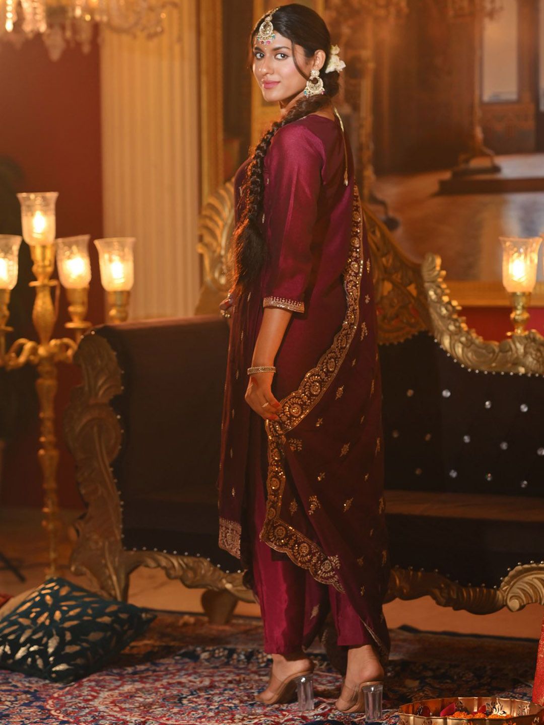 Embroidered Gotta Patti Work Round Neck Kurta With Trousers & Dupatta