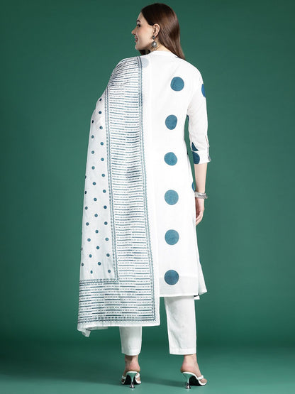 Dhiyona IE Printed Panelled Sequinned Pure Cotton Kurta with Trousers & With Dupatta