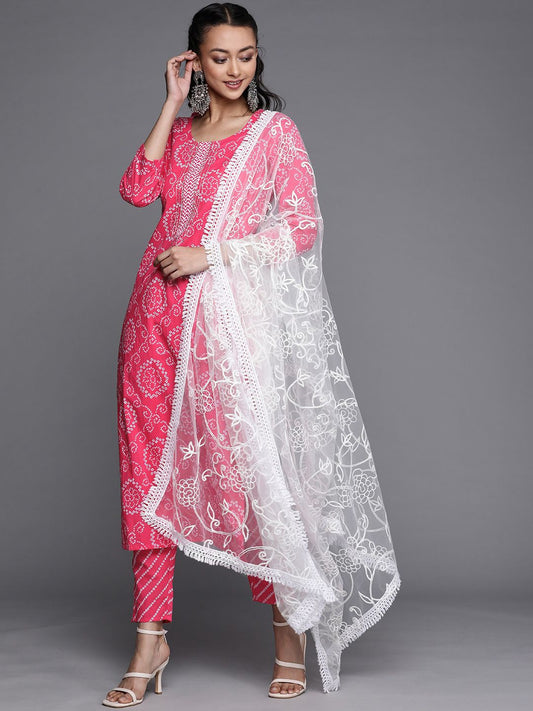 Dhiyona VA Women's Pink Bandhani Printed Gotta Patti Pure Cotton Kurta with Trousers & With Dupatta