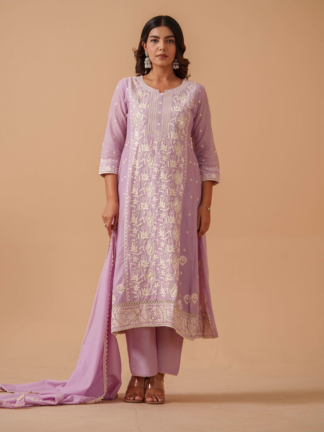 Dhiyona PD Women Embroidered 100% Cotton Straight Kurta & Trousers With Dupatta