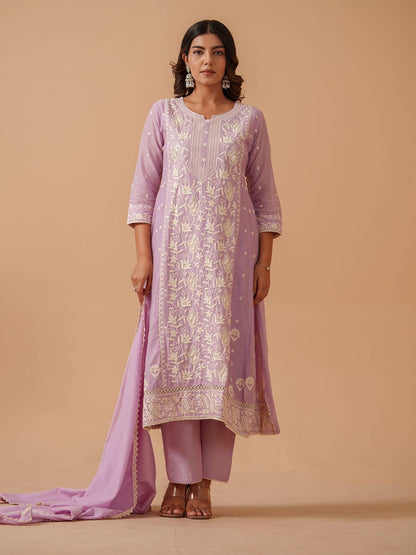 Dhiyona PD Women Embroidered 100% Cotton Straight Kurta & Trousers With Dupatta
