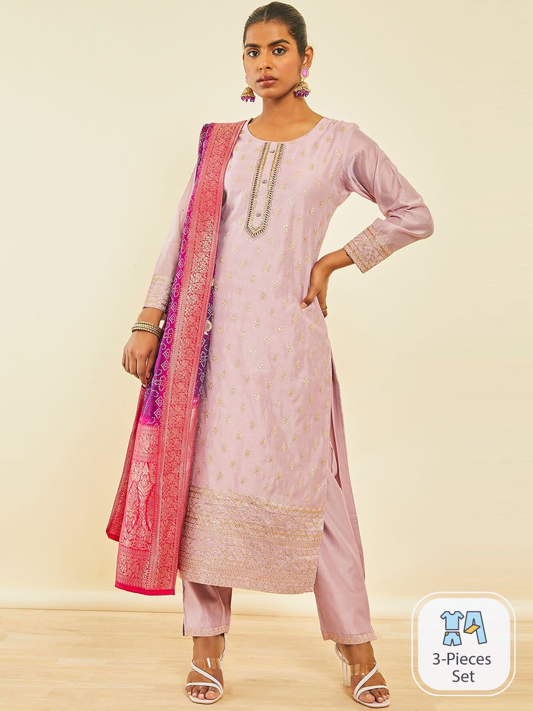 Dhiyona SO Women's Ethnic Motifs Embroidered Sequinned Detail Chanderi Silk Straight Kurta Set