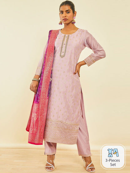 Dhiyona SO Women's Ethnic Motifs Embroidered Sequinned Detail Chanderi Silk Straight Kurta Set