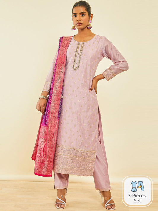 Dhiyona SO Women's Ethnic Motifs Embroidered Sequinned Detail Chanderi Silk Straight Kurta Set