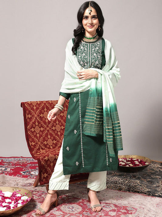 Dhiyona VA Women'sEthnic Motifs Embroidered Thread work Straight Kurta & Trousers With Dupatta