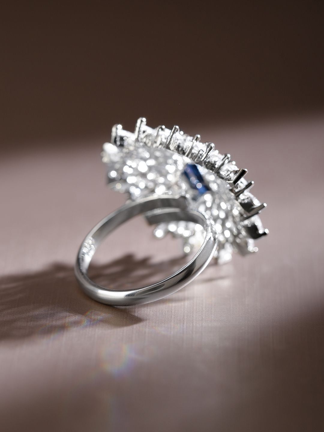 Dhiyona RJ Women's Rhodium-Plated Blue Sapphire & White CubicZirconia Studded Adjustable Cocktail Ring