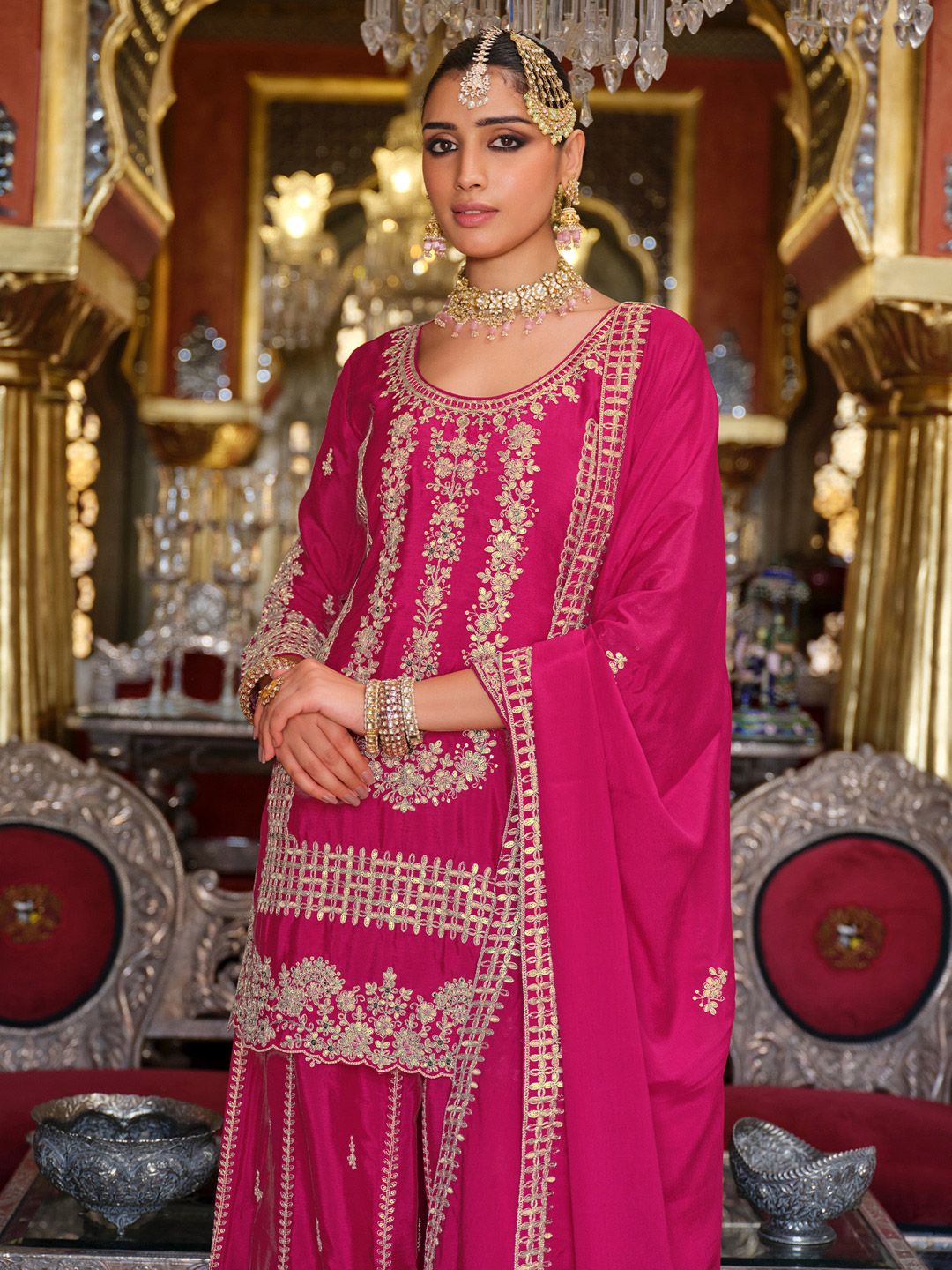 Dhiyona IE Adults-Women Woven Design Embroidered Kurta with Palazzos & Dupatta
