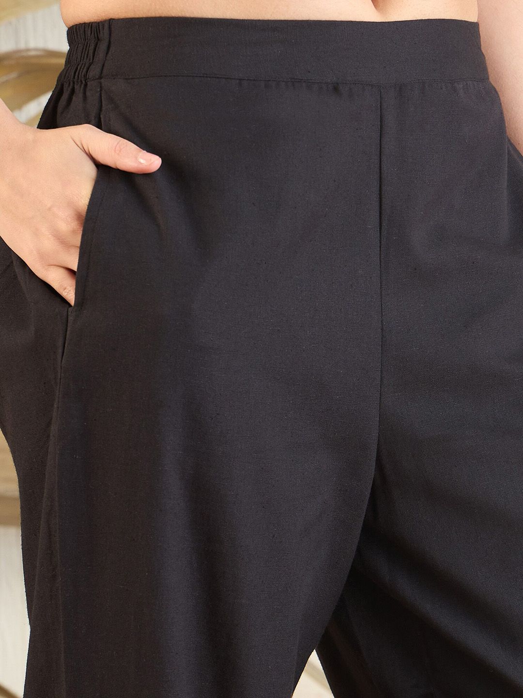 Black Floral Embroidered Straight A-Line Kurta With Trouser