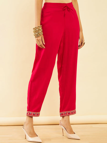 Dhiyona SO Women's Alina Cut Fuchsia Ethnic Motifs Embroidered Pleated Sequinned Kurta With Trousers & Dupatta