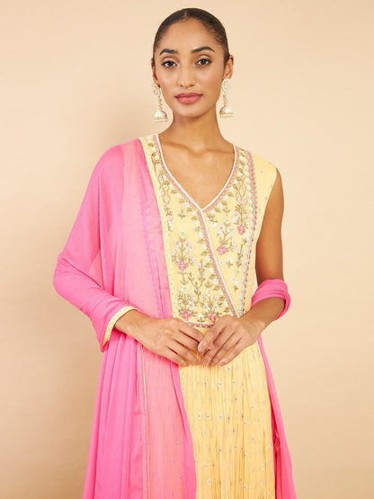 Dhiyona SO Women's Floral Embroidered Angrakha Sequinned Kurta with Churidar & Dupatta