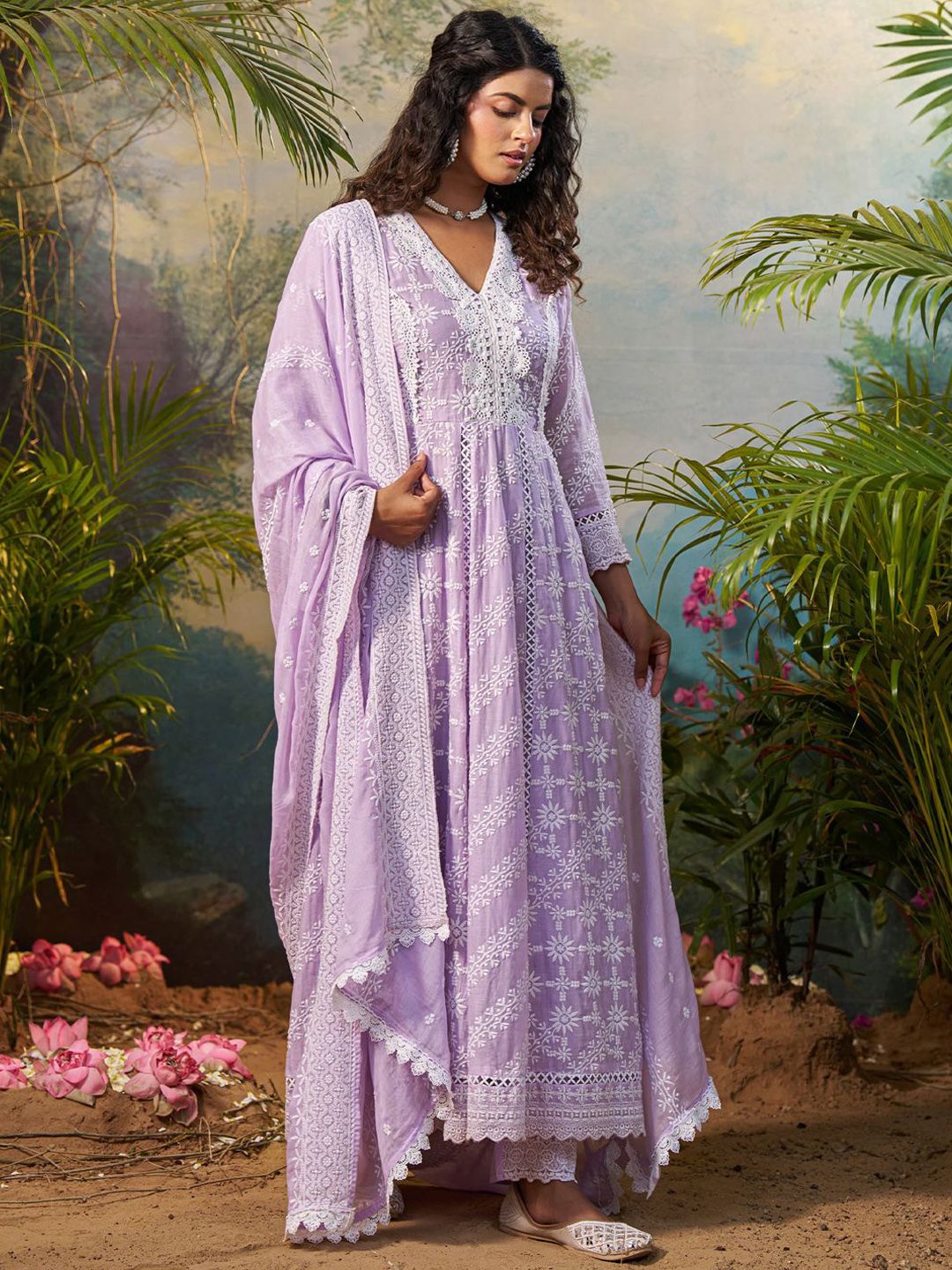 Floral Embroidered V Neck Anarkali Pure Cotton Kurta With Trousers & Dupatta